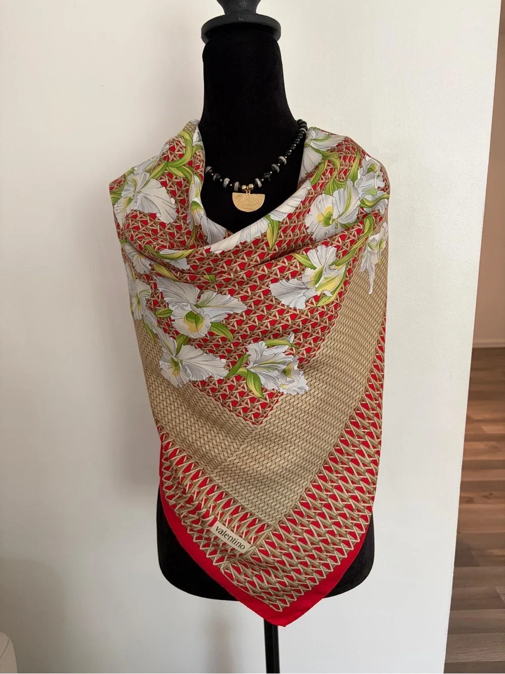Valentino Silk Scarf Red White Floral Hand Rolled Made In Italy